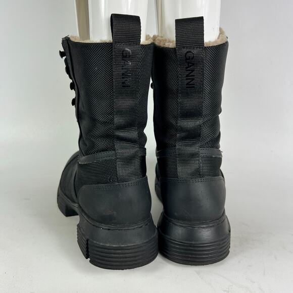 Ganni Combat Boots Women's 9 Black Polyester Faux Shearling-Lined Lace-Up - Picture 7 of 10